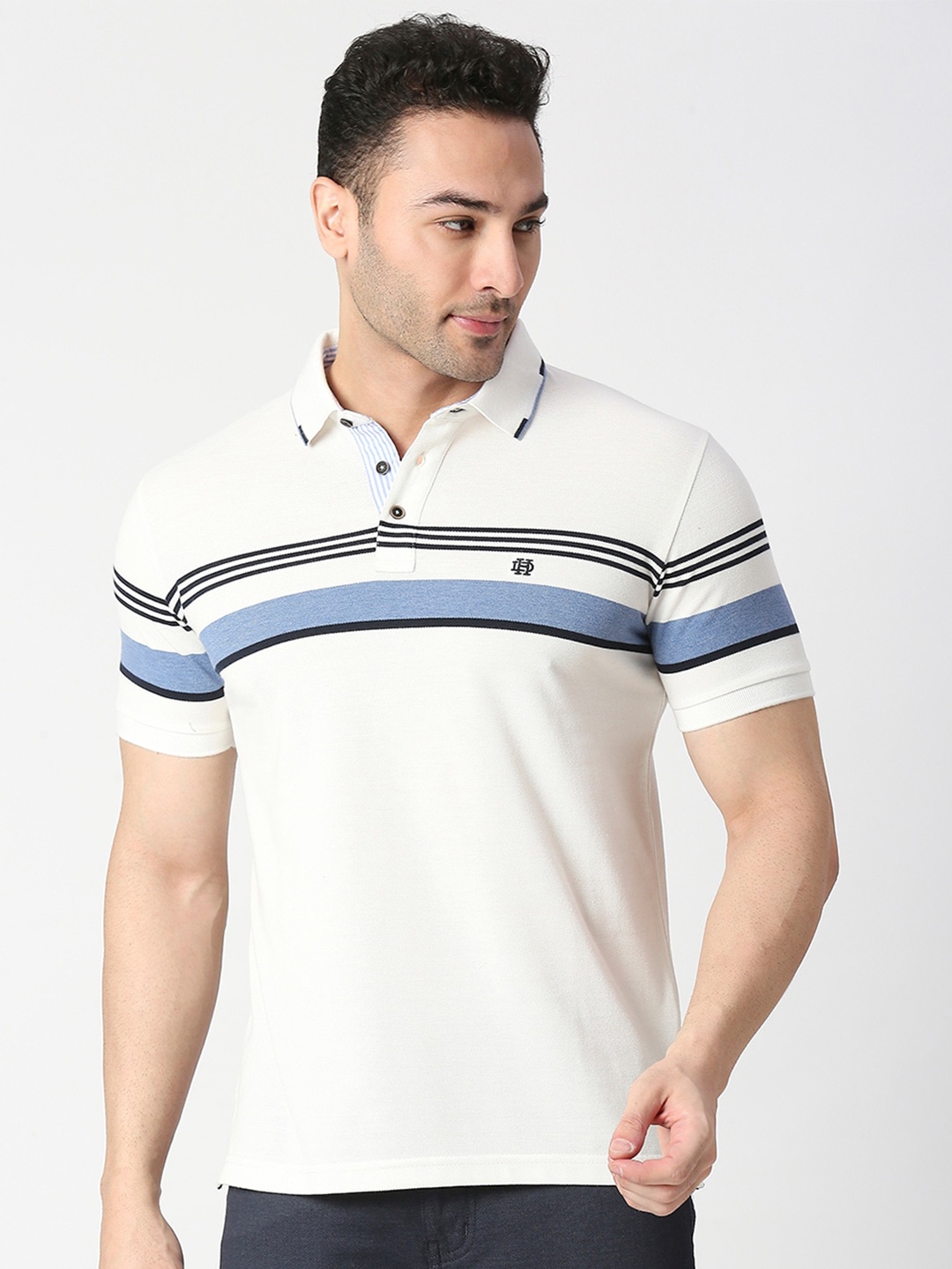 

DRAGON HILL Striped Polo Collar Cotton Slim Fit T-shirt, White