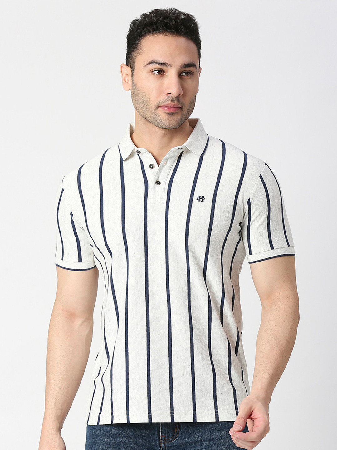 

DRAGON HILL Striped Polo Collar Cotton Slim Fit T-shirt, Off white
