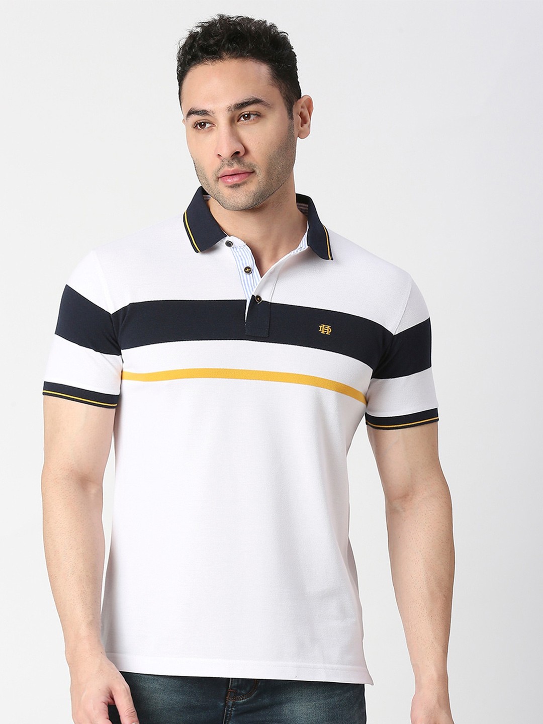 

DRAGON HILL Colourblocked Polo Collar Cotton Slim Fit T-shirt, White