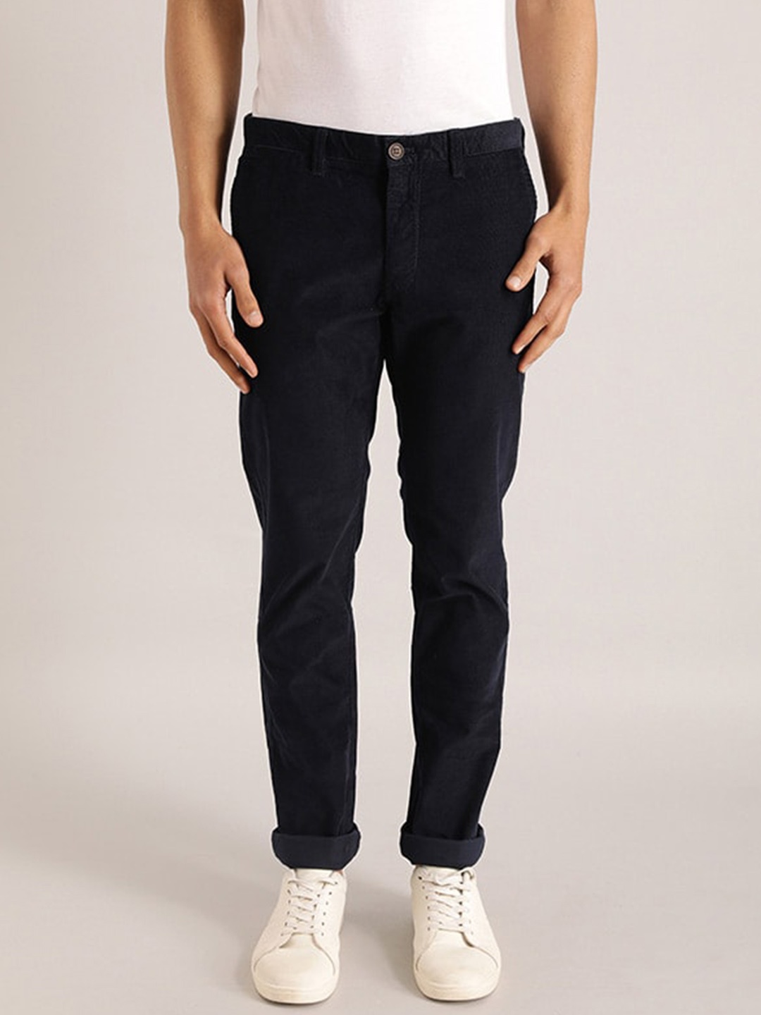 

Indian Terrain Men Brooklyn Slim Fit Pure Cotton Trousers, Navy blue