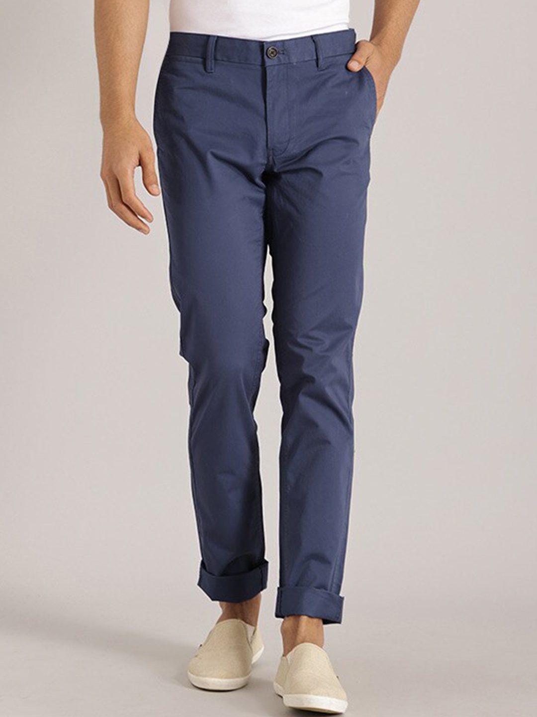 

Indian Terrain Men Brooklyn Slim Fit Pure Cotton Chinos Trousers, Blue