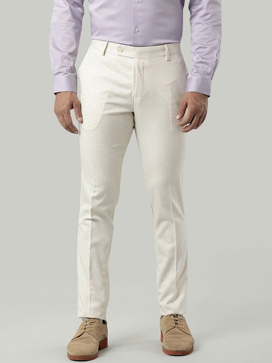 

Indian Terrain Men Brooklyn Slim Fit Pure Cotton Formal Trousers, Cream