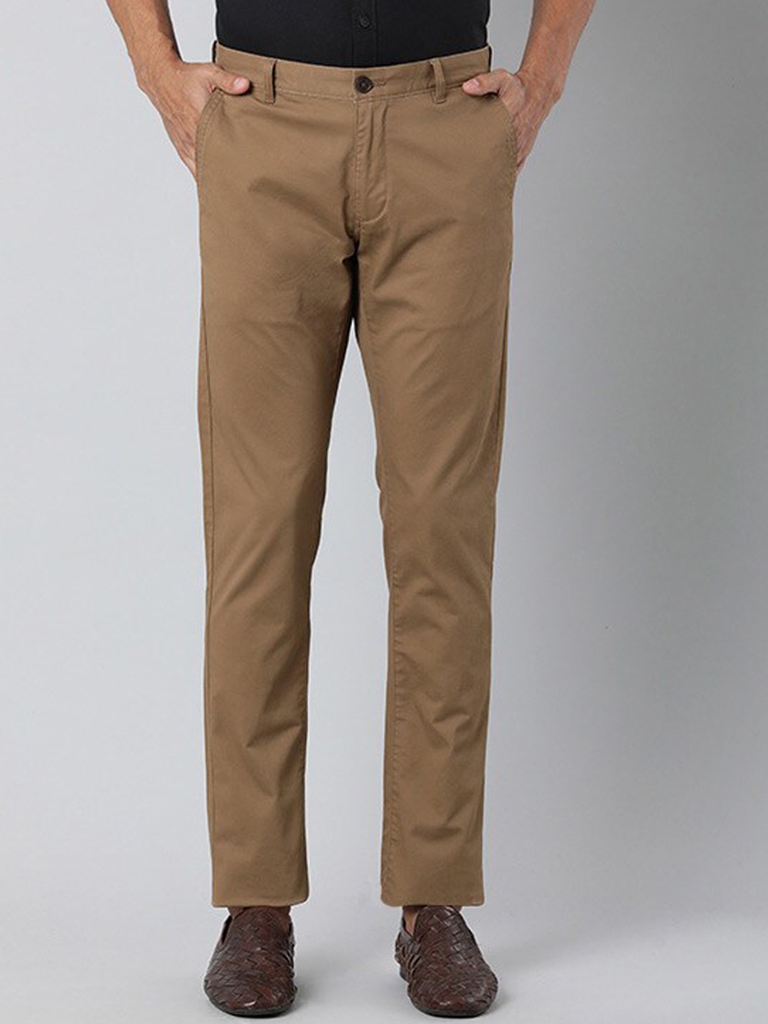 

Indian Terrain Men Mid-Rise Brooklyn Slim Fit Pure Cotton Formal Trousers, Brown