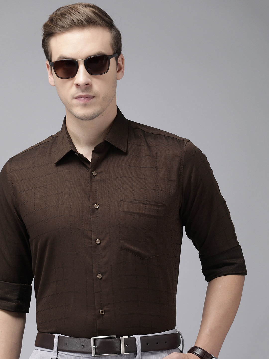 

Van Heusen Pure Cotton Self Design Textured Slim Fit Formal Shirt, Brown