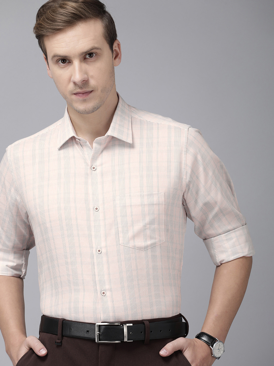 

Van Heusen Custom Self-Design Micro Checks Pure Cotton Formal Shirt, Peach
