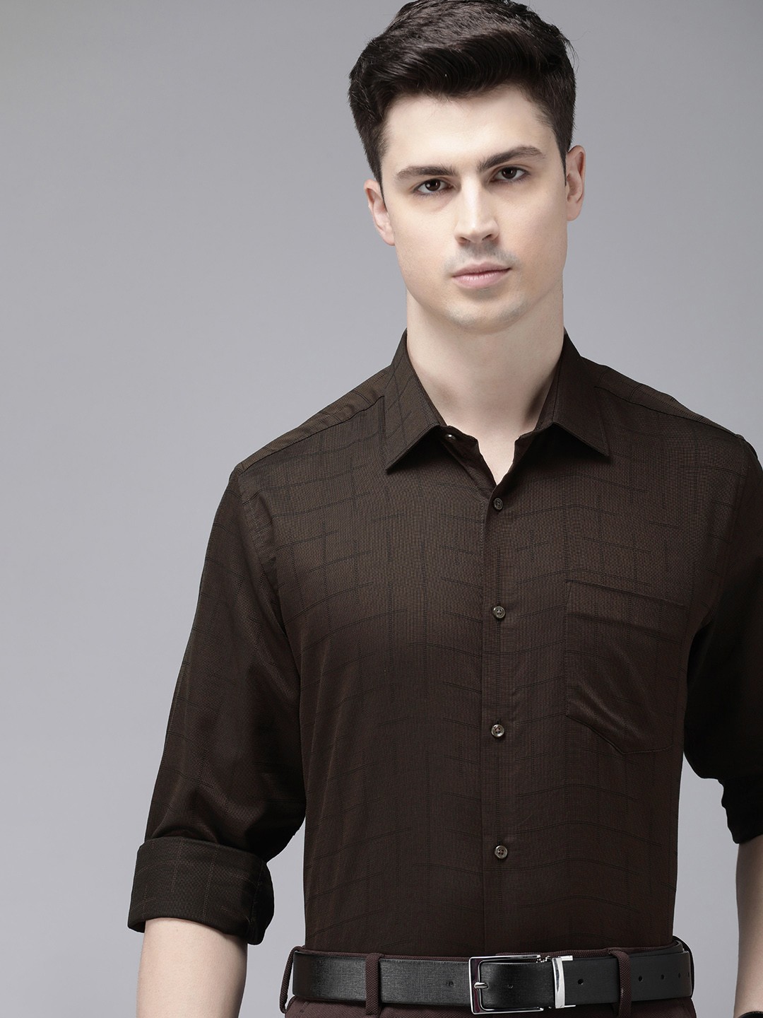 

Van Heusen Self-Design Checked Custom Pure Cotton Formal Shirt, Brown