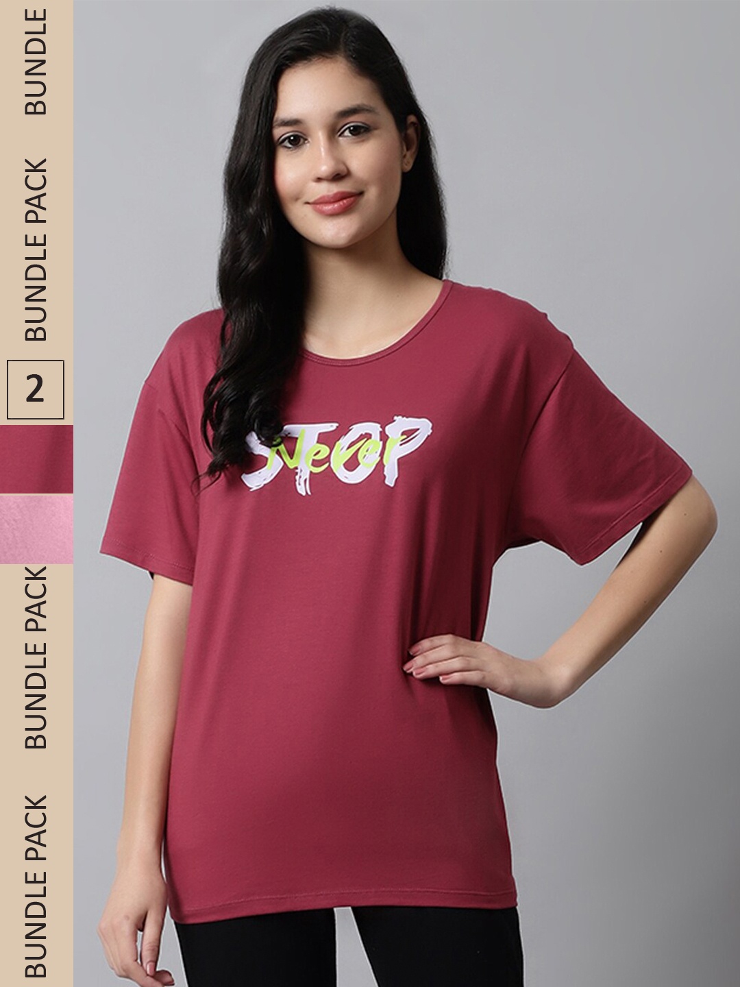 

Kanvin Pack Of 2 Maroon & Pink Typography Printed Oversizeed T-shirts