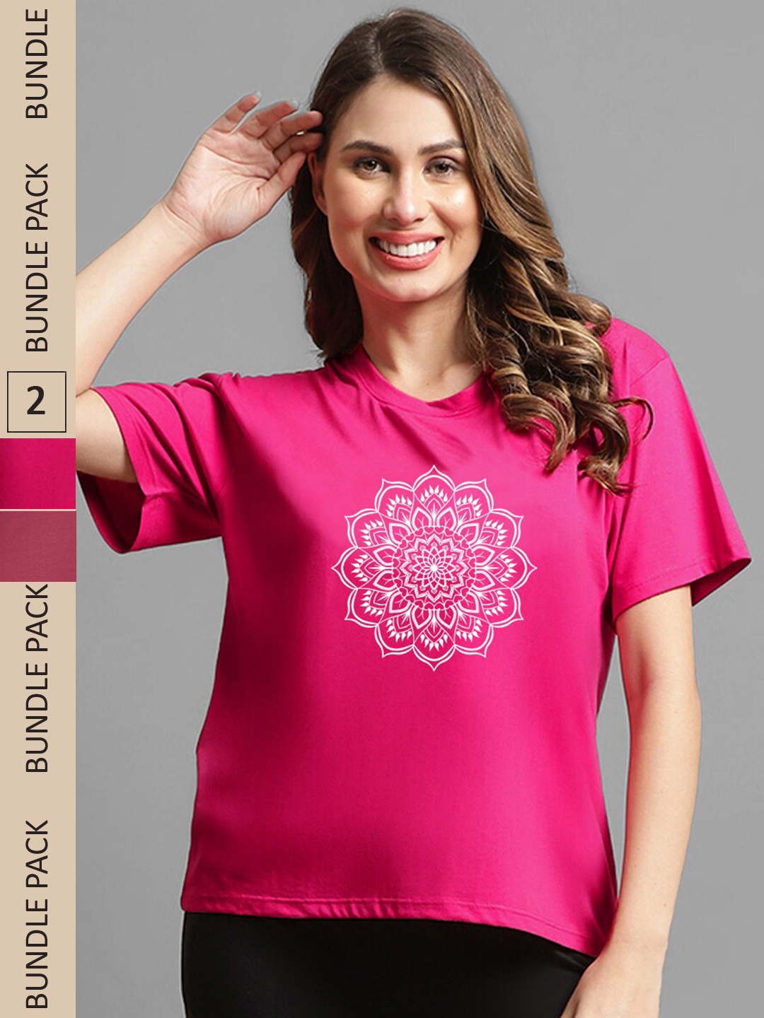 

Kanvin Maroon & Pink Pack Of 2 Ethnic Motif Printed Cotton Modal Loose T-shirt