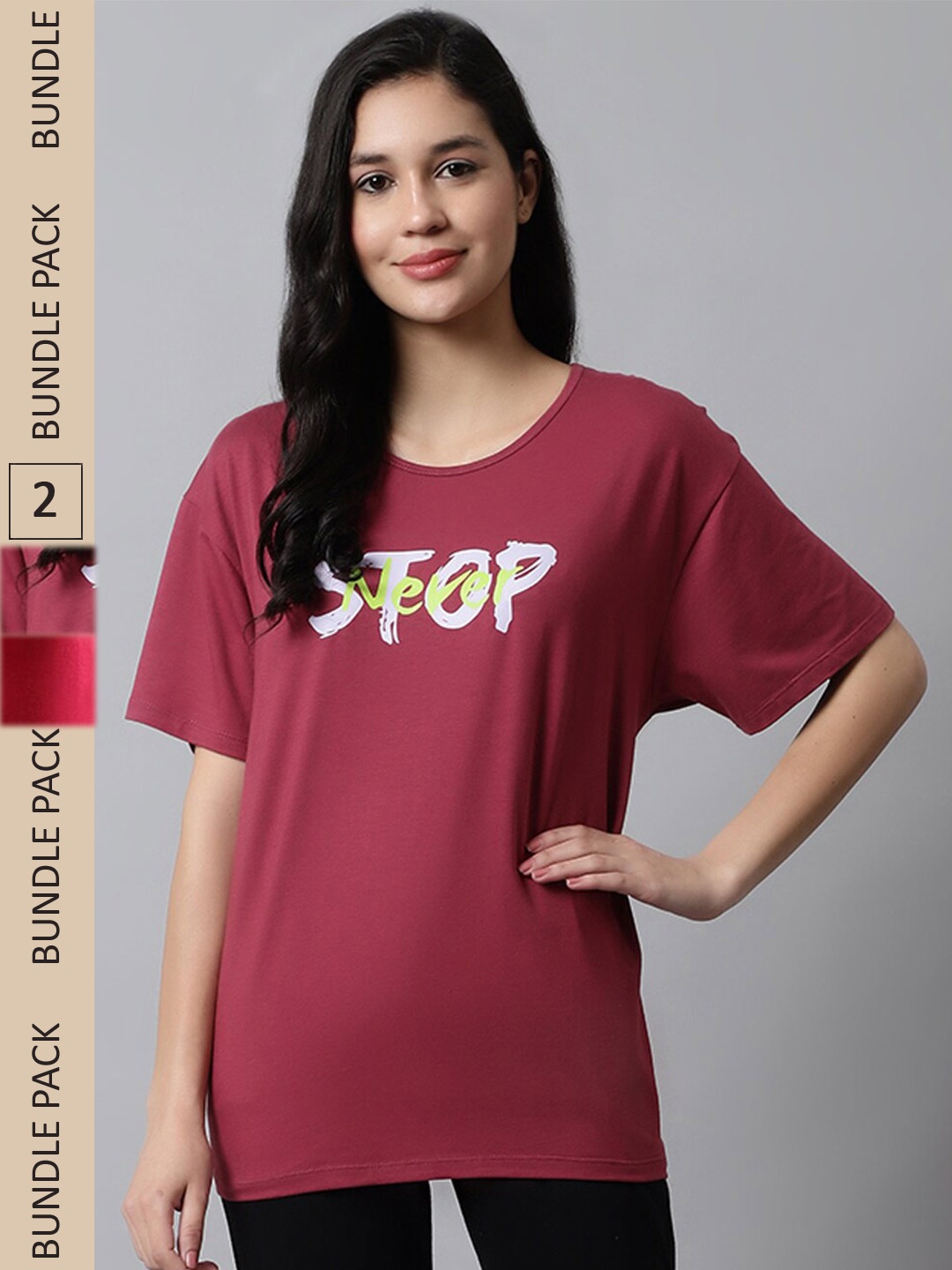 

Kanvin Pack Of 2 Typography Printed Drop-Shoulder Sleeves Loose T-Shirt, Maroon