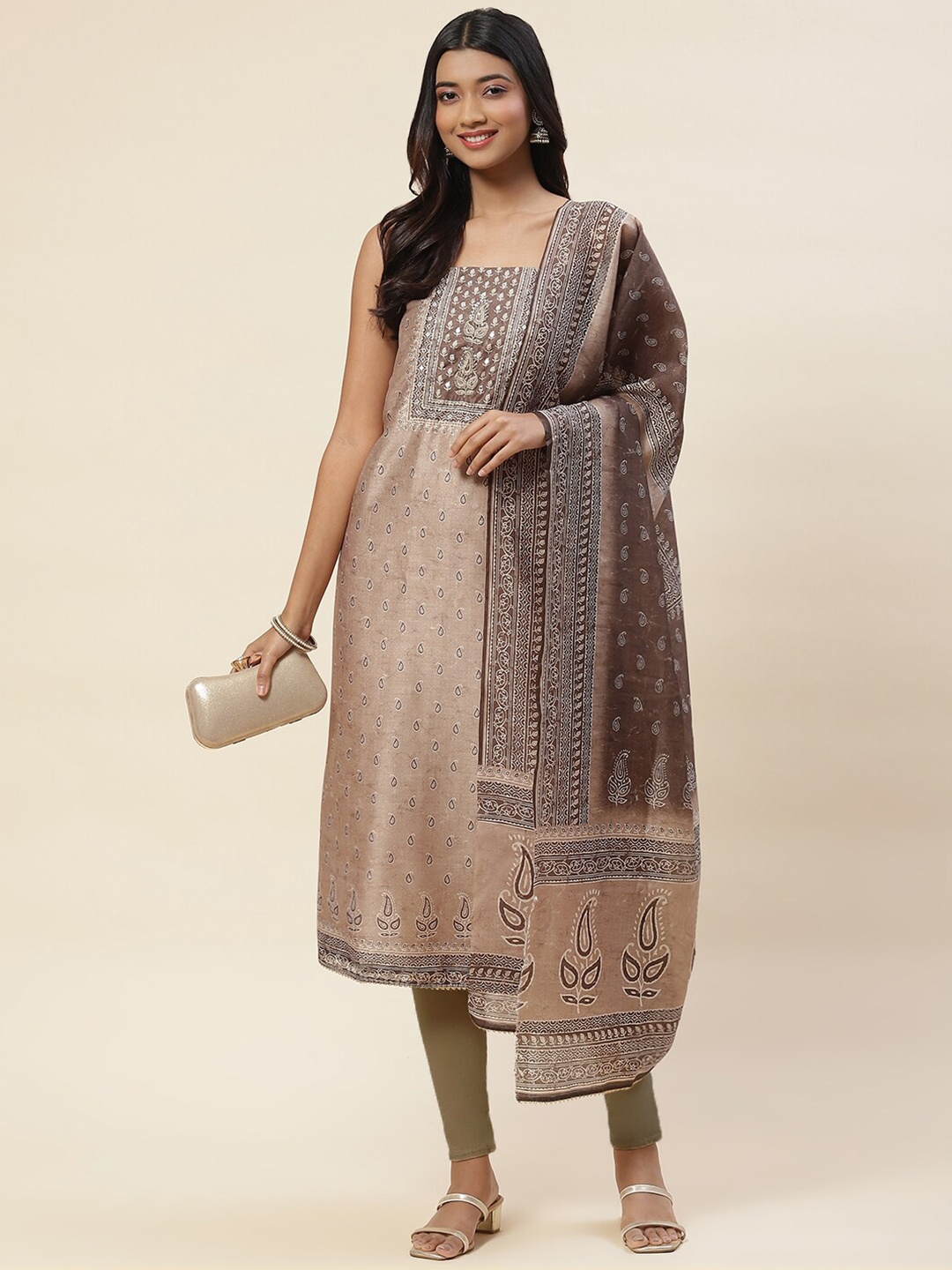 

Meena Bazaar Ethnic Printed Art Silk Unstitched Dress Material, Beige