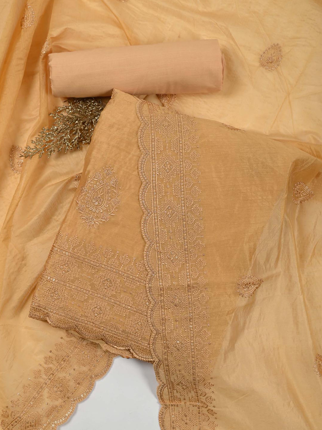 

Meena Bazaar Embroidered Art Silk Unstitched Dress Material, Mustard