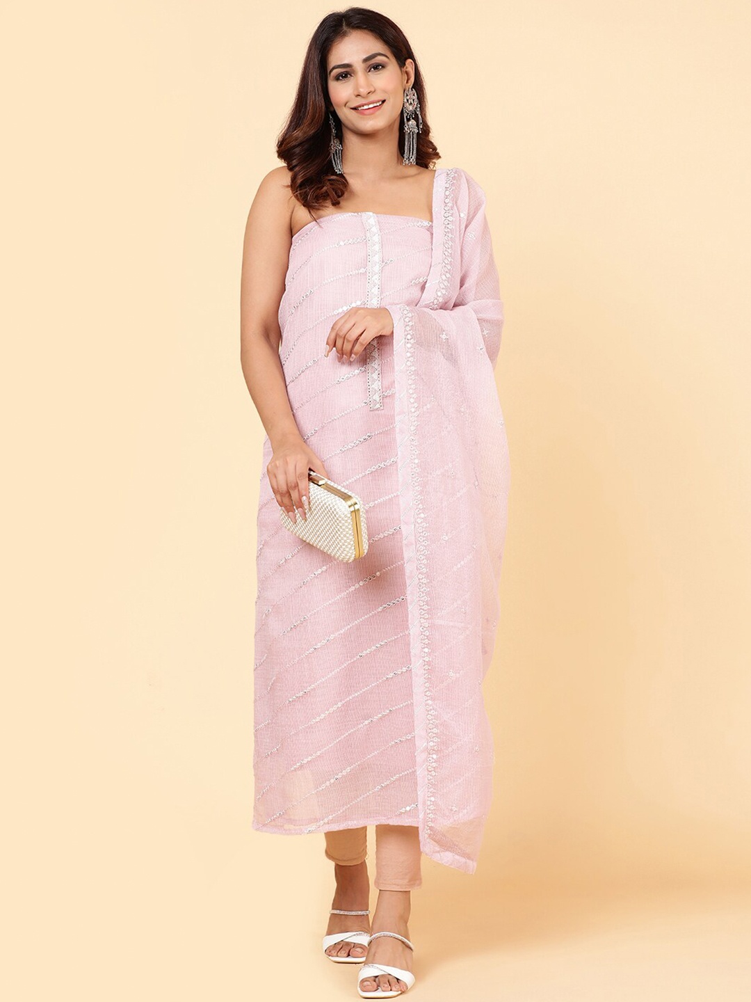 

Meena Bazaar Striped Embroidered Unstitched Dress Material, Pink