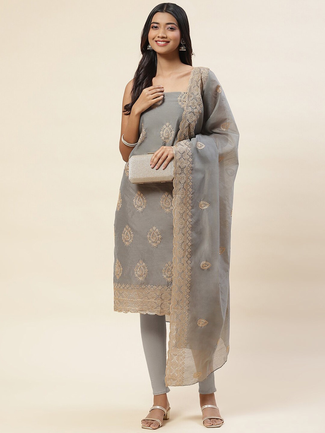 

Meena Bazaar Embroidered Art Silk Unstitched Dress Material, Grey