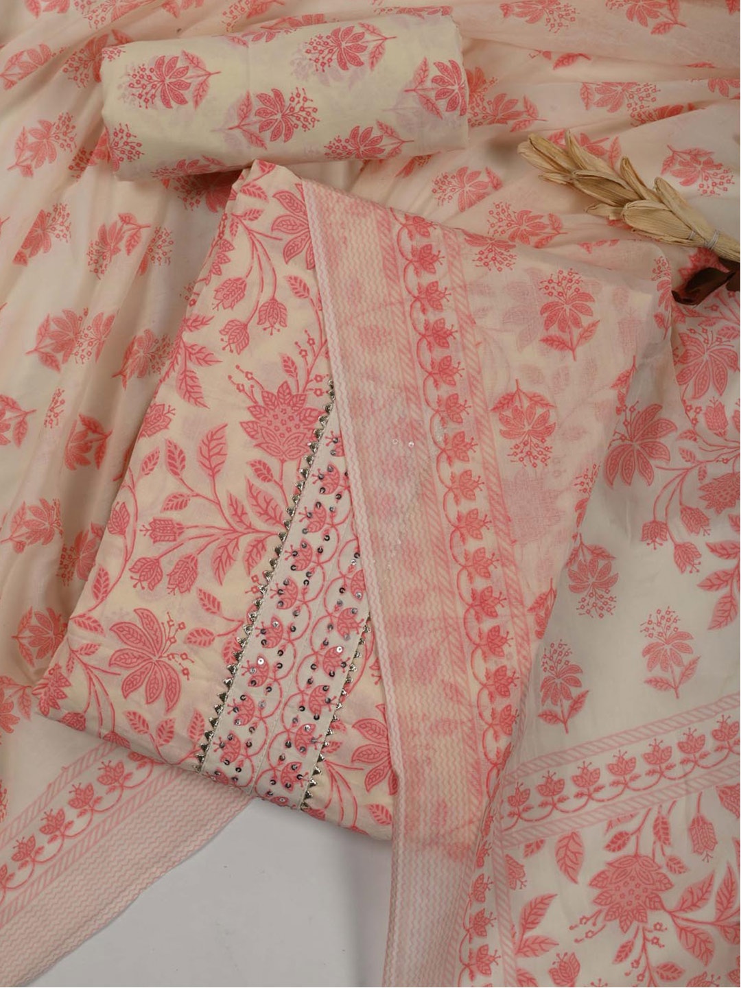 

Meena Bazaar Floral Printed Unstitched Dress Material, Cream