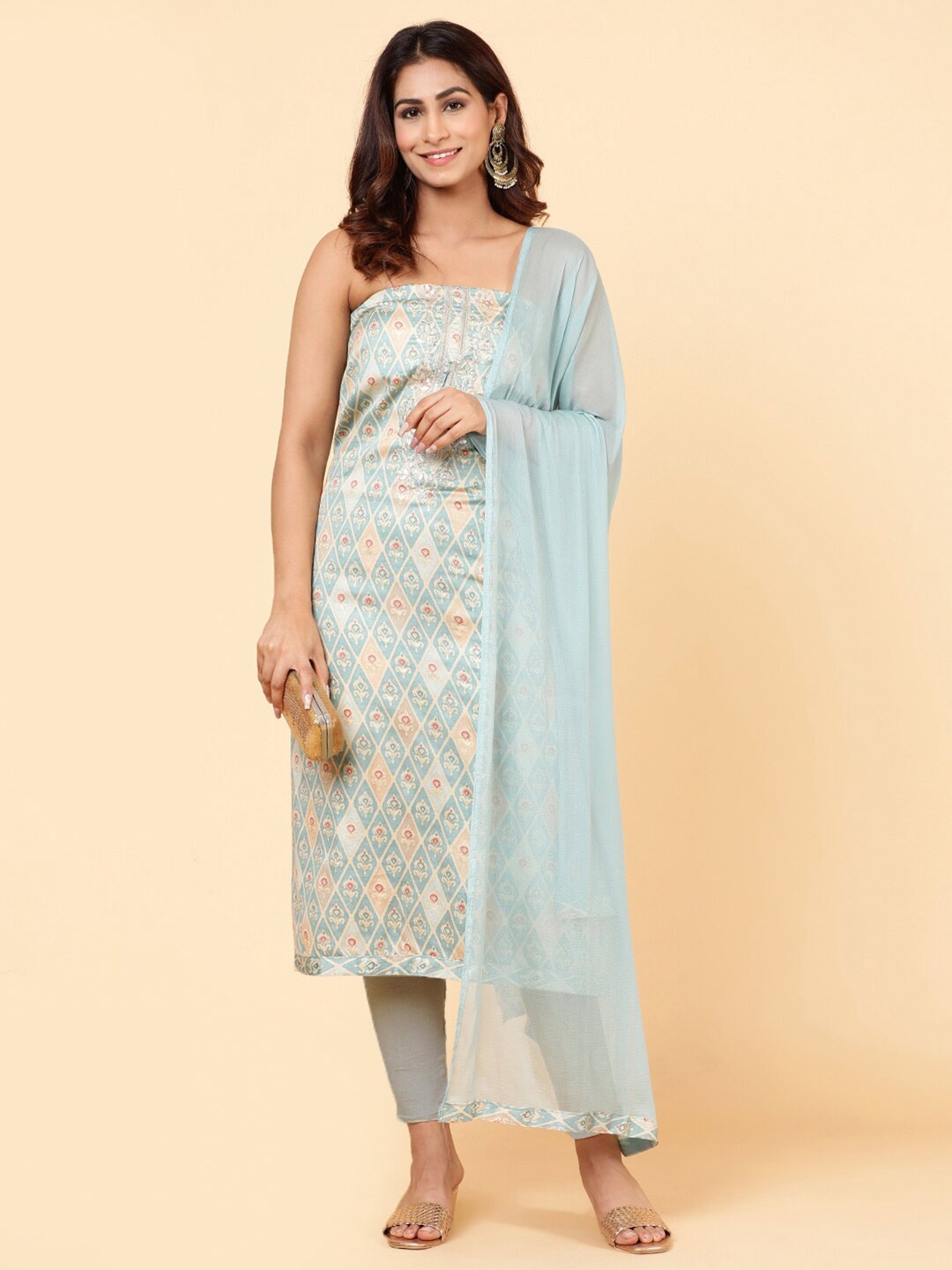 

Meena Bazaar Printed Unstitched Dress Material, Blue
