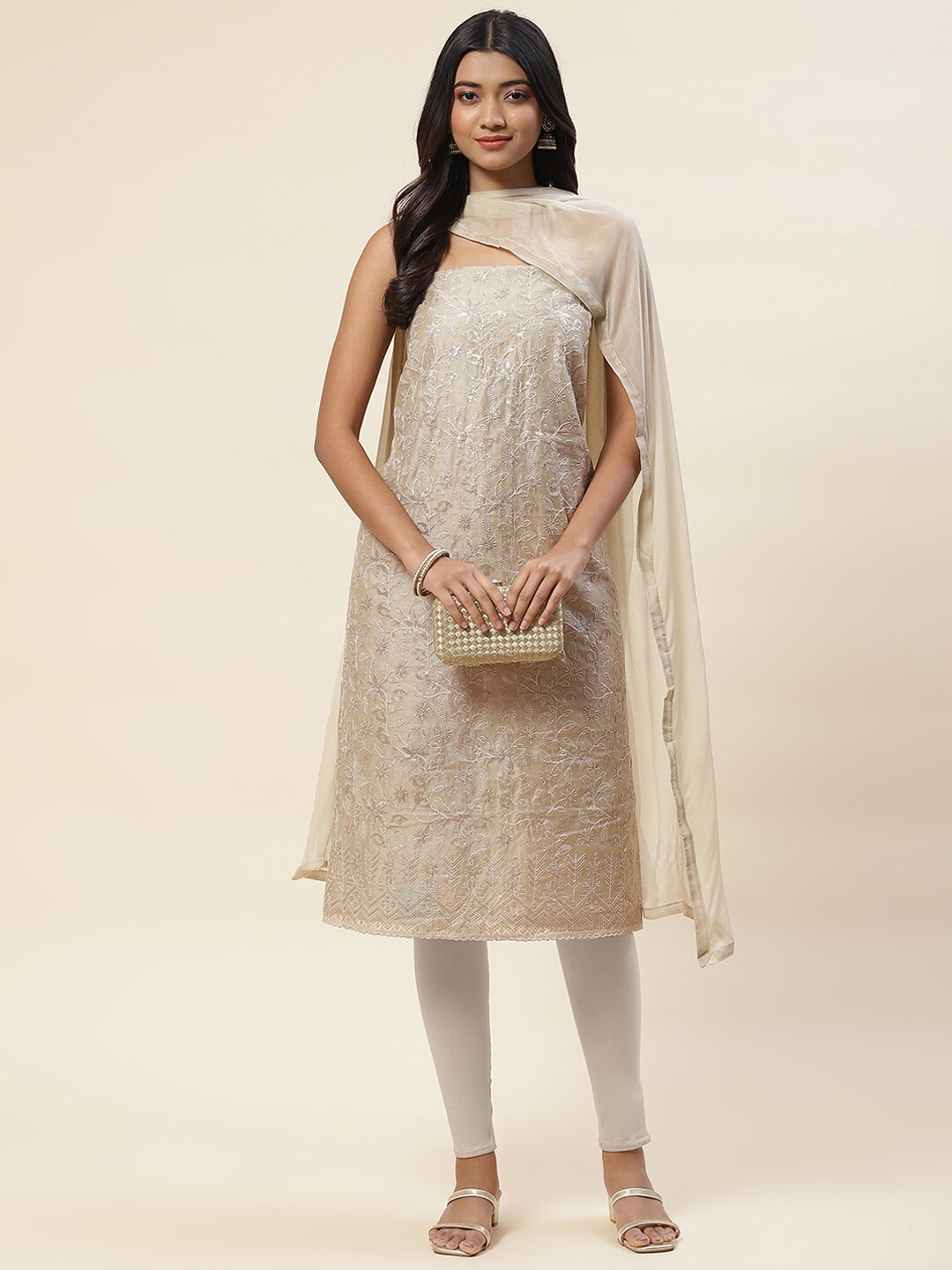 

Meena Bazaar Floral Embroidered Art Silk Unstitched Dress Material, Cream