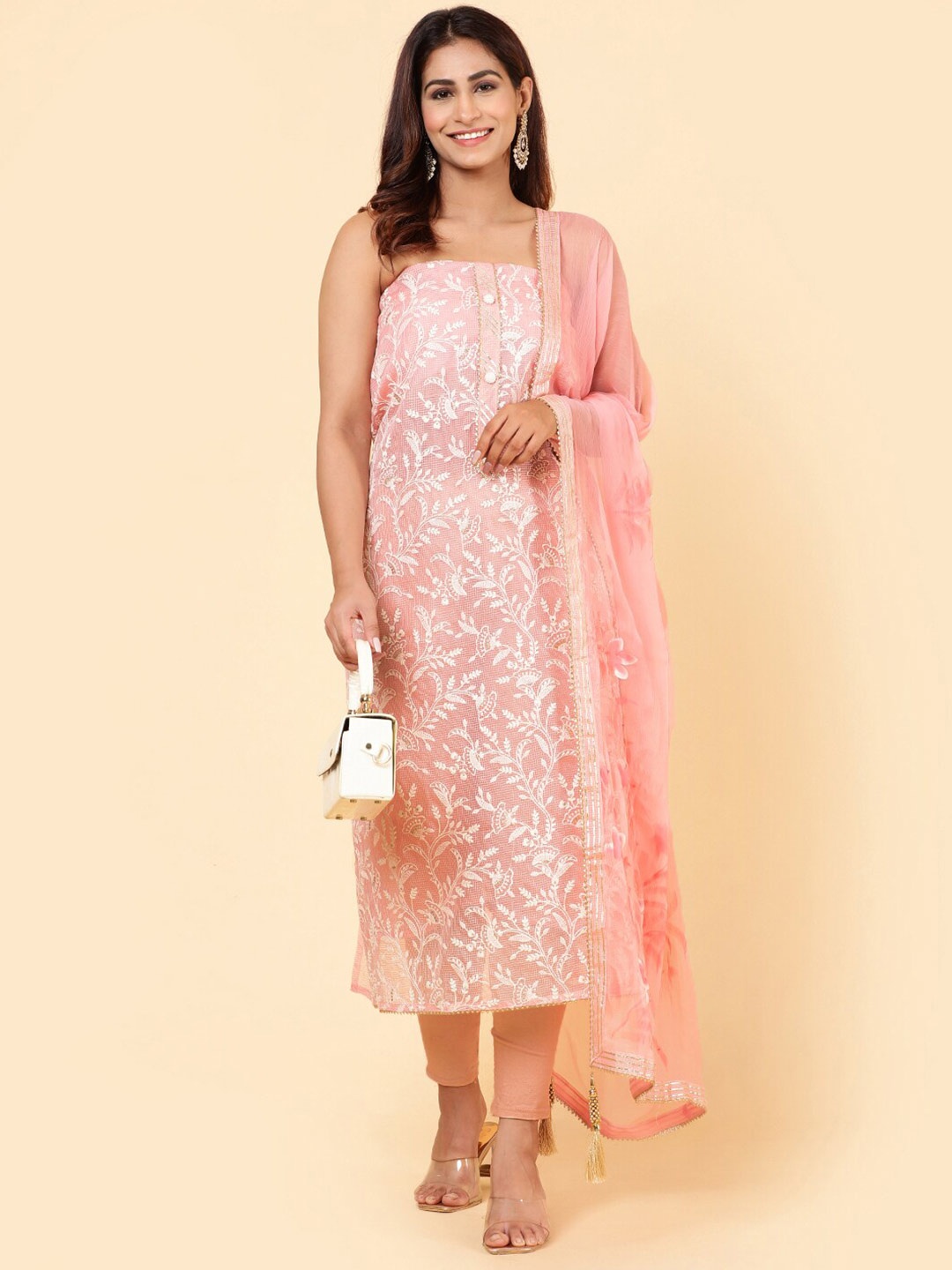 

Meena Bazaar Embroidered Unstitched Dress Material, Pink