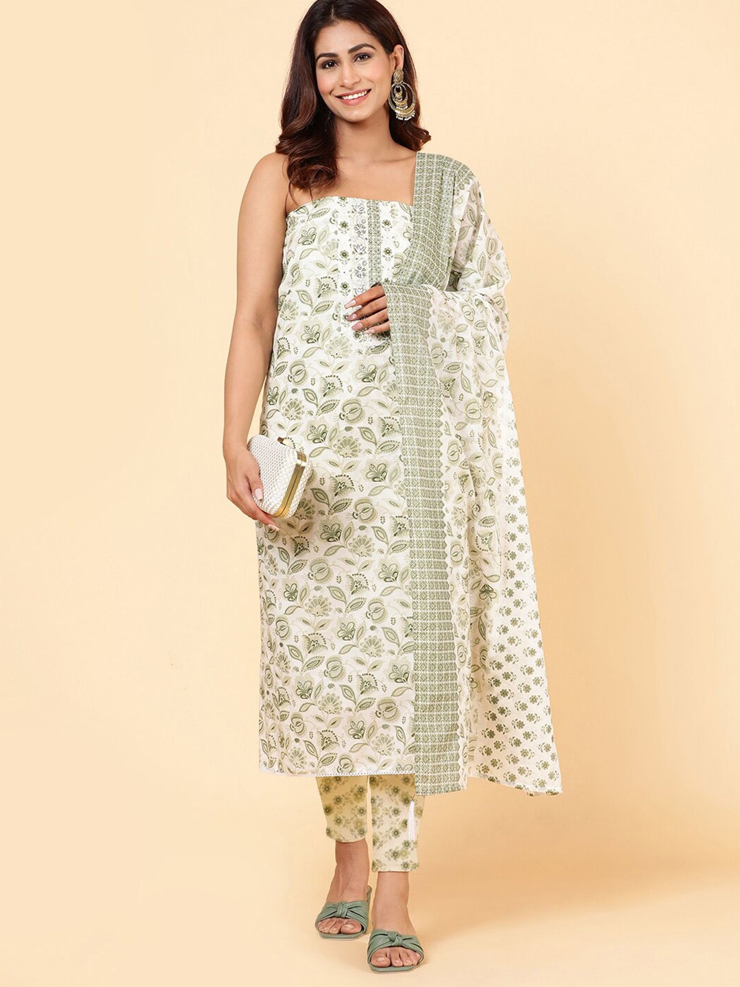 

Meena Bazaar Printed Unstitched Dress Material, Cream