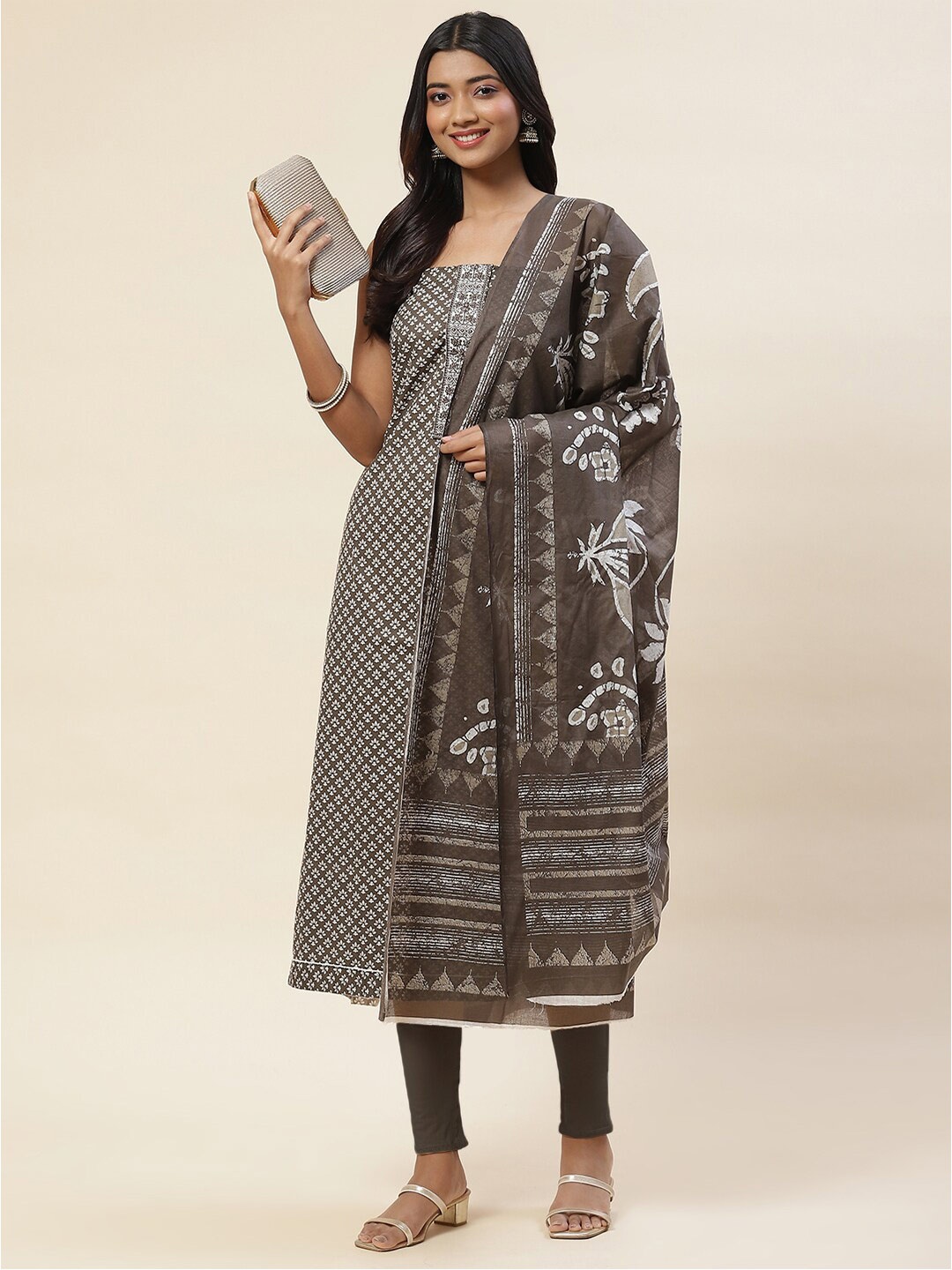 

Meena Bazaar Ethnic Motif Printed Unstitched Dress Material, Brown