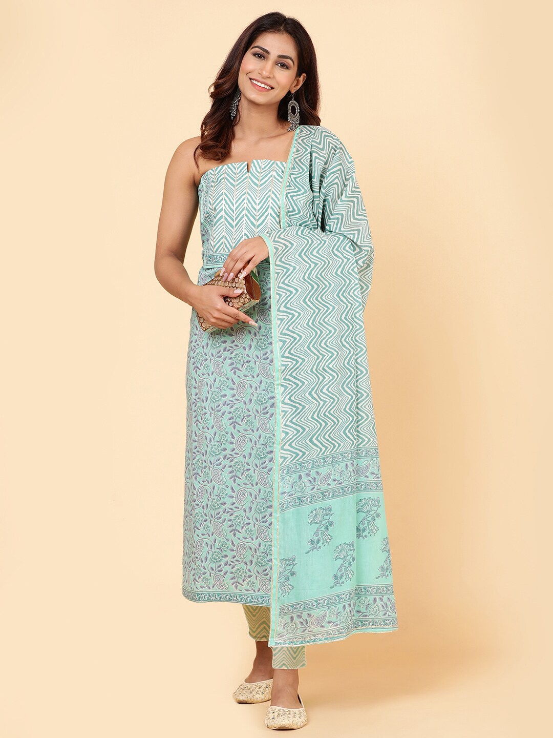 

Meena Bazaar Ethnic Motifs Printed Unstitched Dress Material, Blue