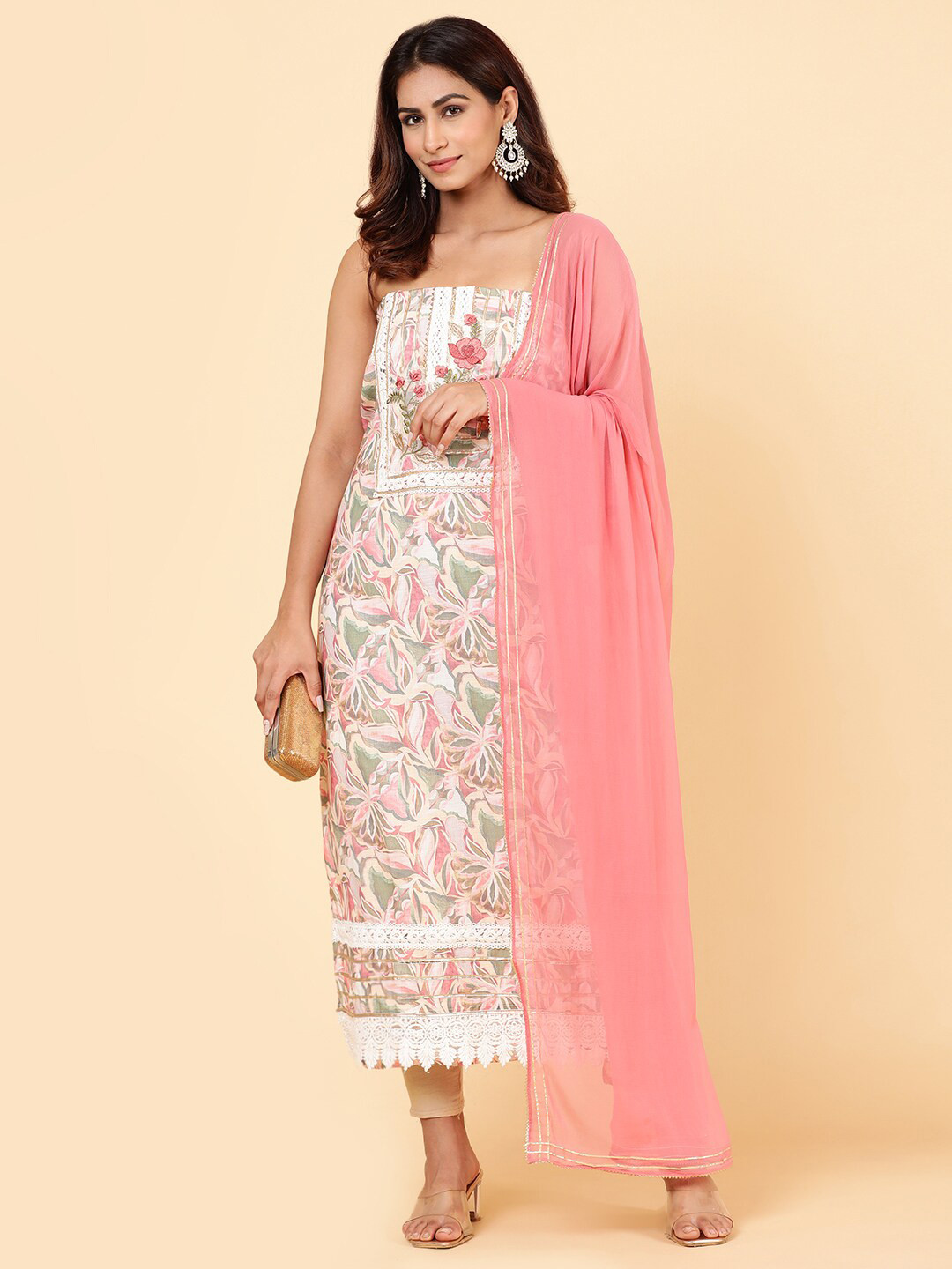 

Meena Bazaar Printed Unstitched Dress Material, Pink