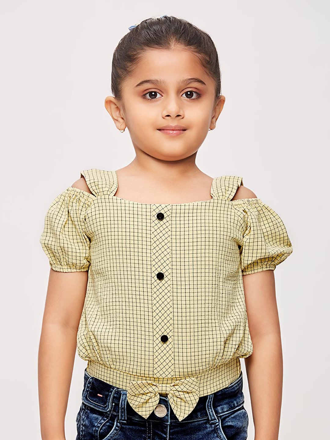 

Tiny Girl Checked Shoulder Straps Cold Shoulder Sleeves Top, Yellow