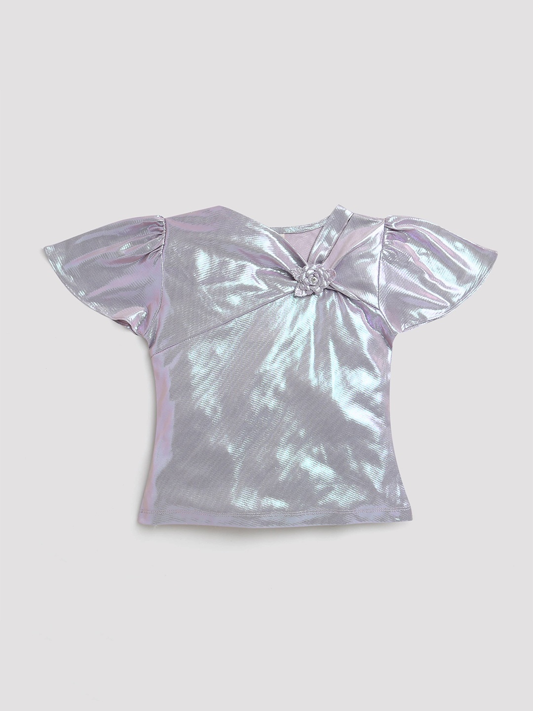 

Tiny Girl Self Design Flutter Sleeves Twisted Top, Purple