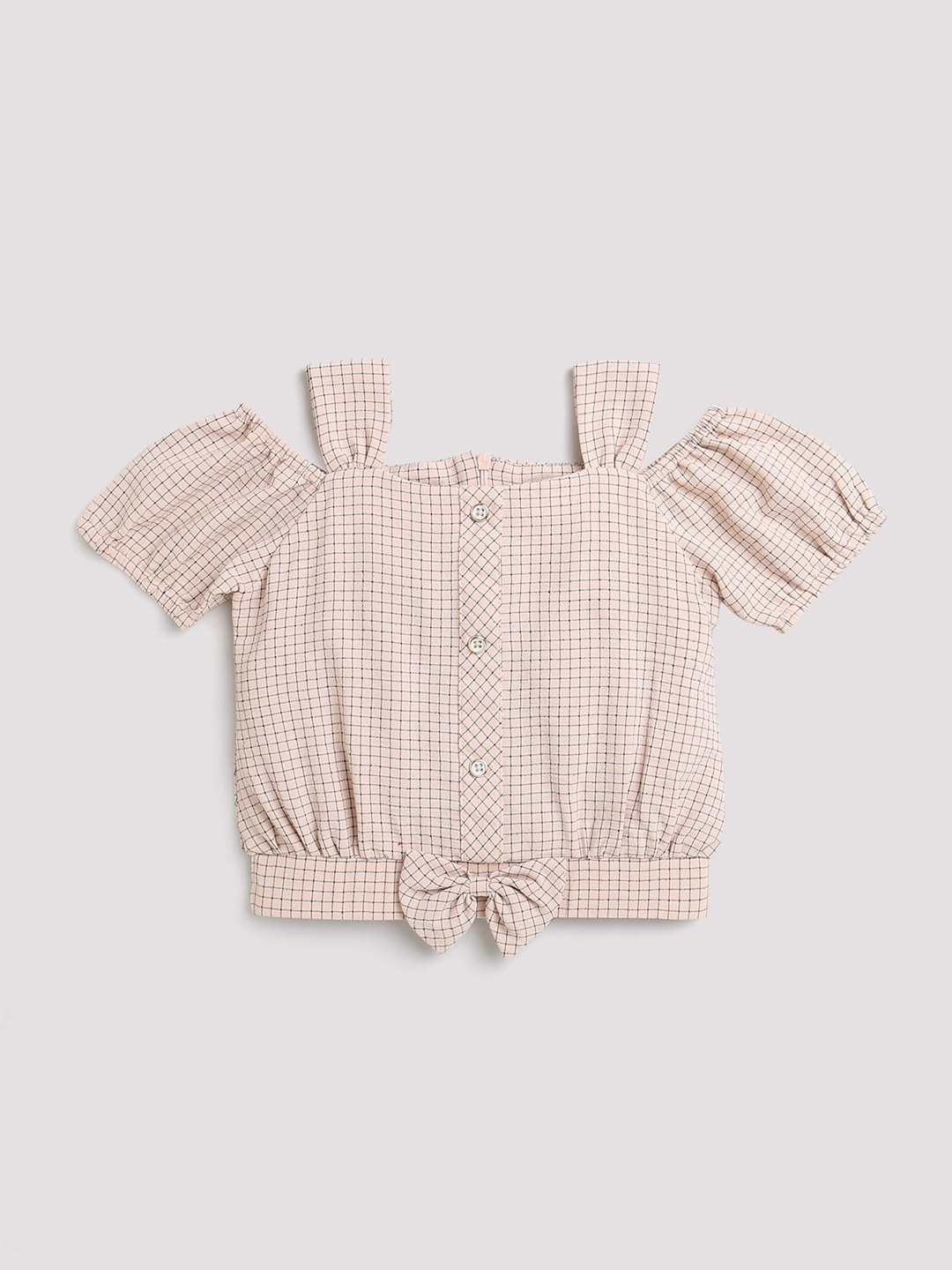 

Tiny Girl Checked Cold-Shoulder Sleeves Top With Bow Detail, Peach