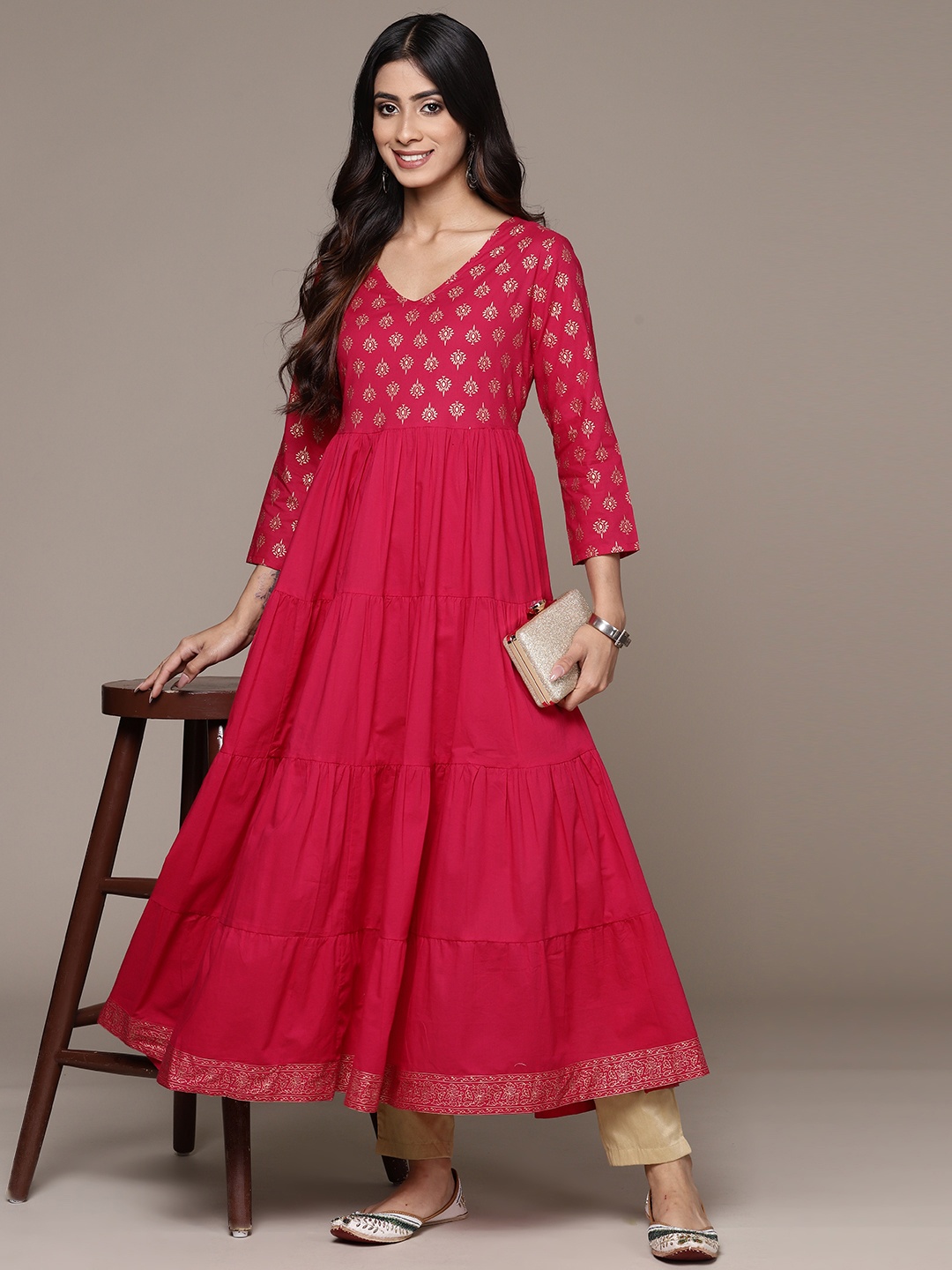 

Ishin Ethnic Motifs Foil Printed Anarkali Kurta, Fuchsia