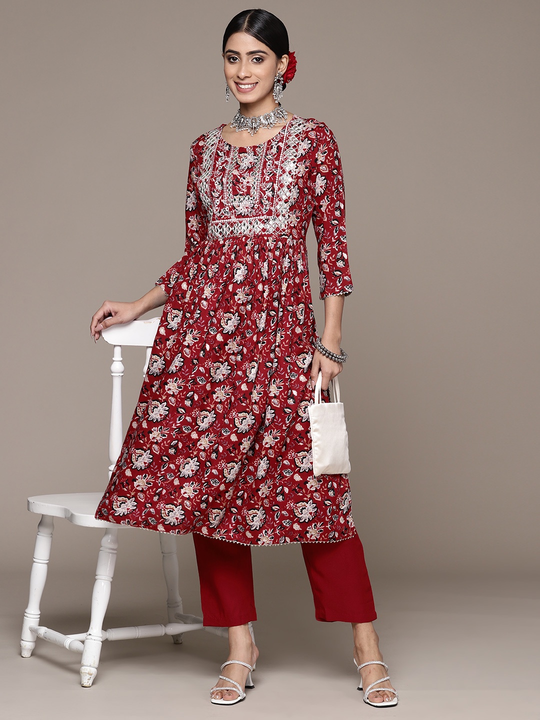 

Ishin Floral Embroidered Regular Mirror Work Kurta With Trousers, Maroon