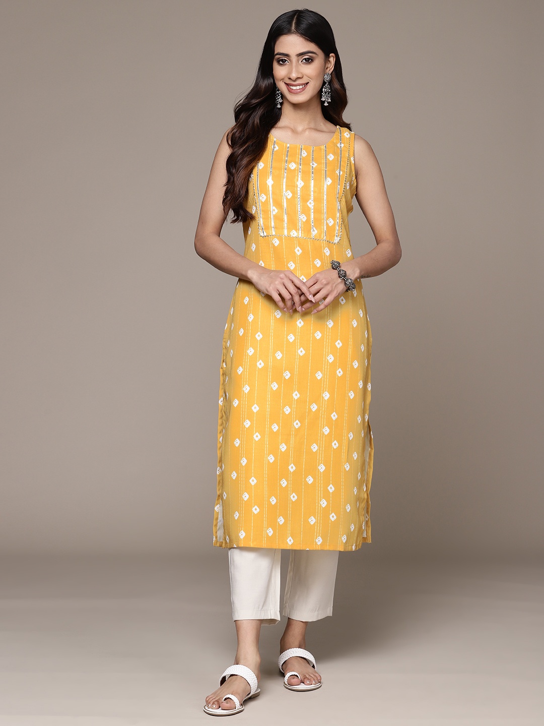 

Ishin Bandhani Printed Gotta Patti Kurta, Mustard