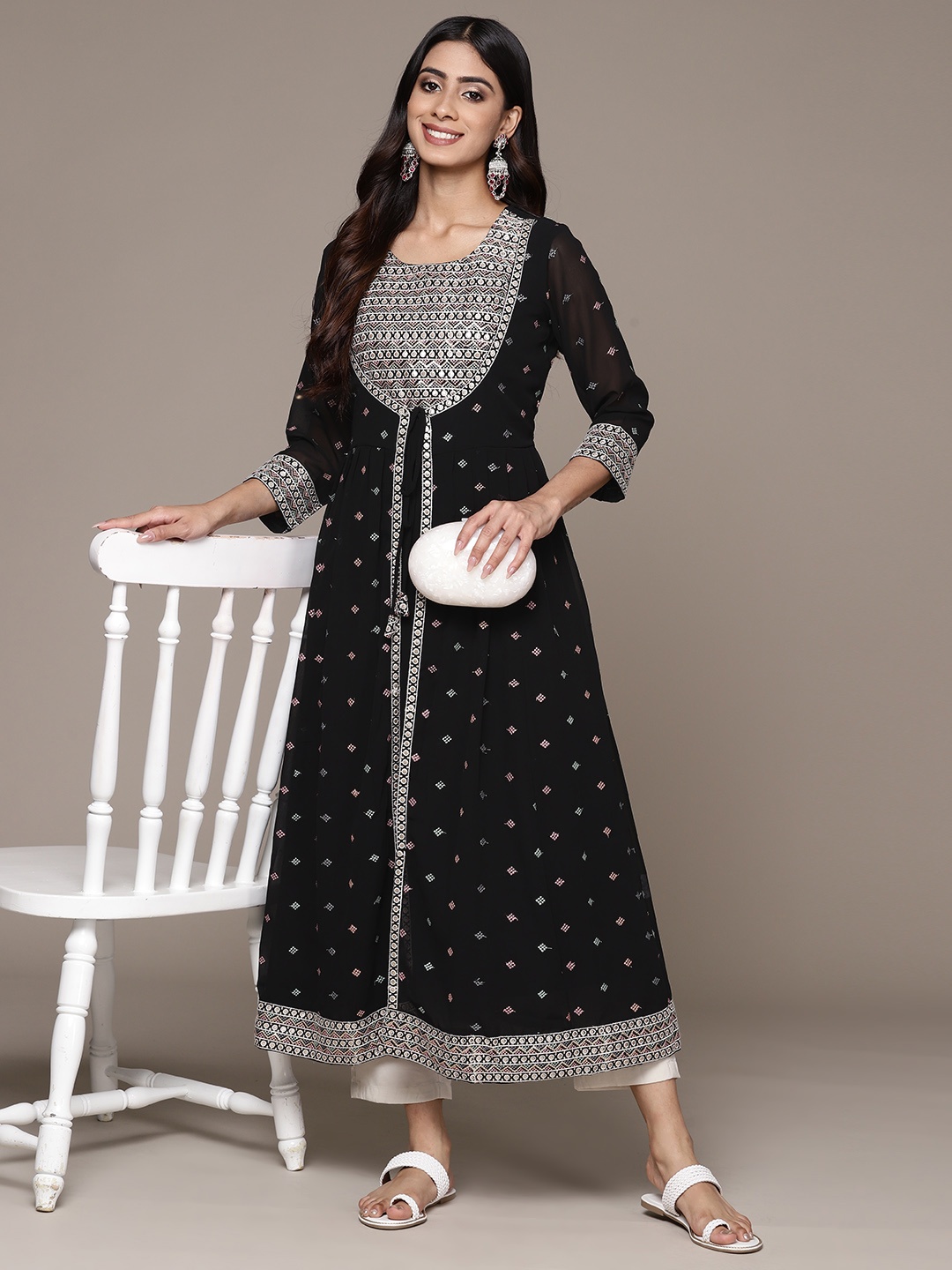 

Ishin Ethnic Motifs Embroidered Thread Work Georgette Layered Anarkali Kurta, Black