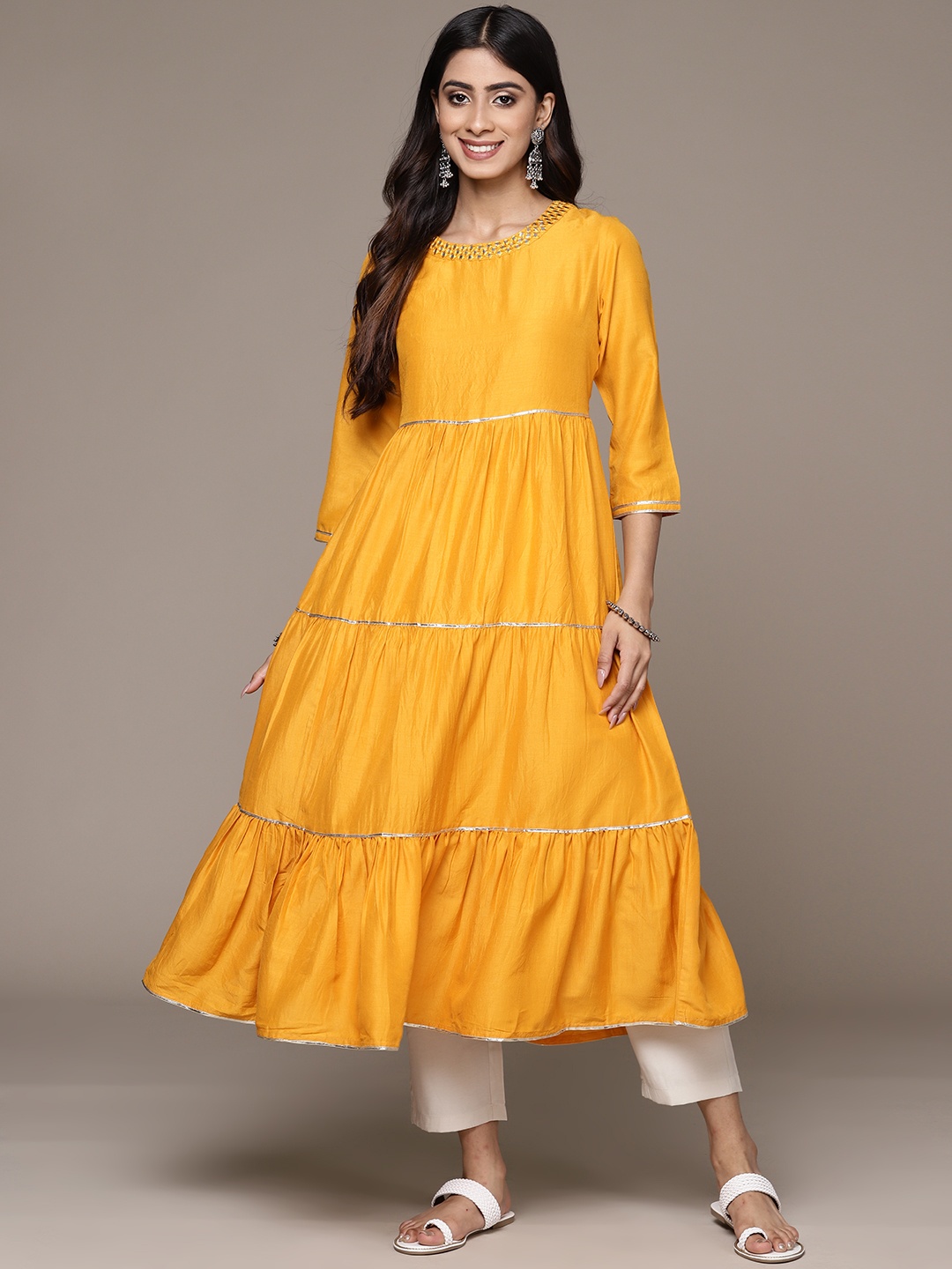 

Ishin Mirror Work Tiered Anarkali Kurta, Mustard