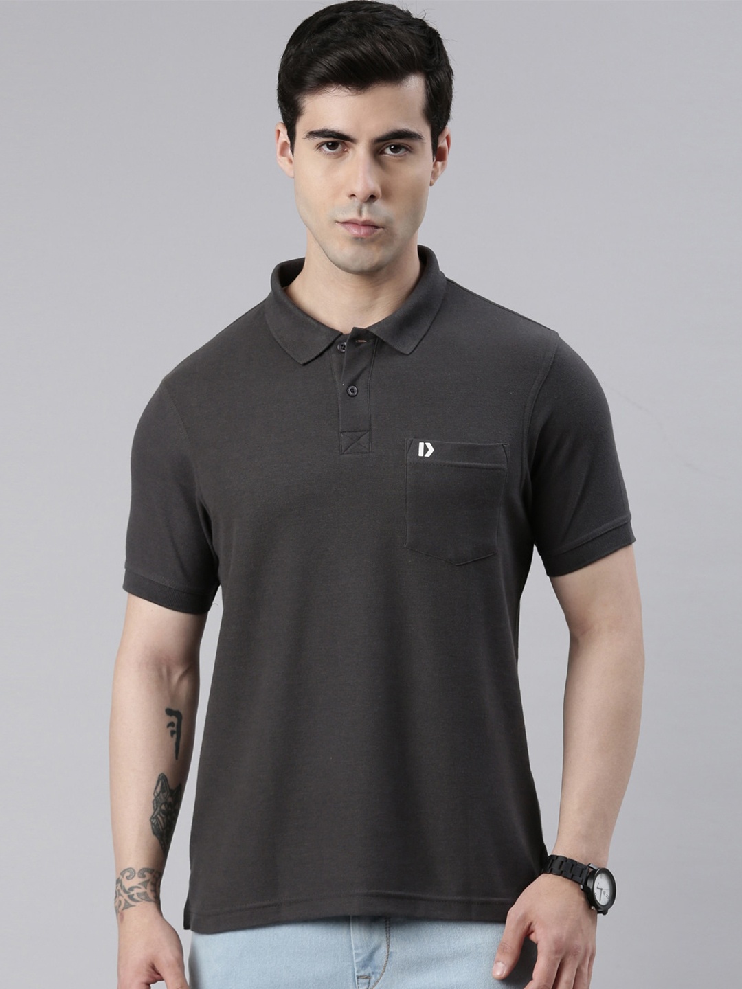 

DIXCY SCOTT Polo Collar Pockets Cotton T-shirt, Charcoal