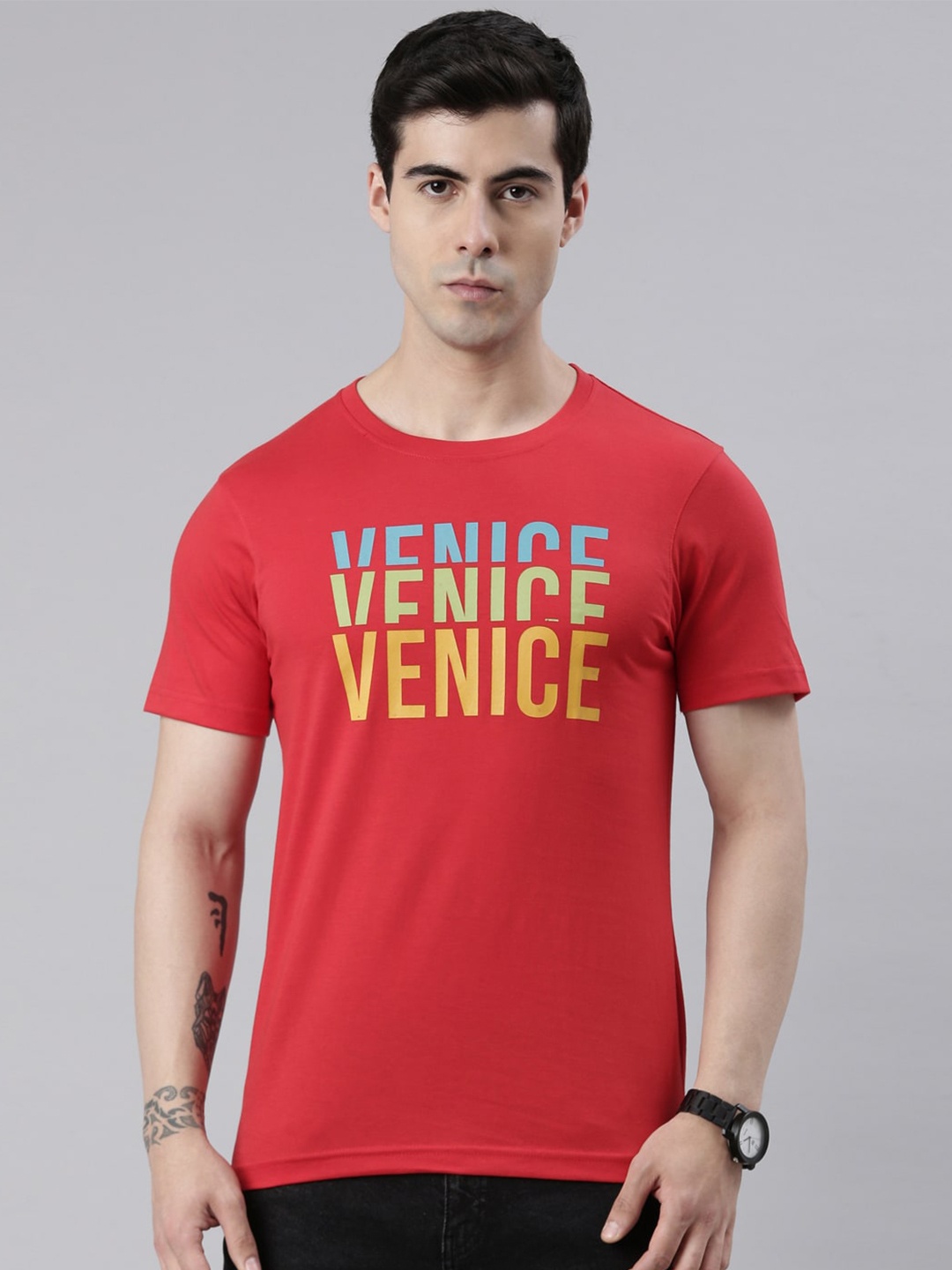 

DIXCY SCOTT Typography Printed Cotton Casual T-shirt, Red