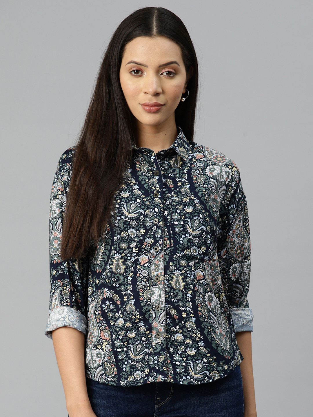 

Popnetic Floral Printed Casual Shirt, Navy blue