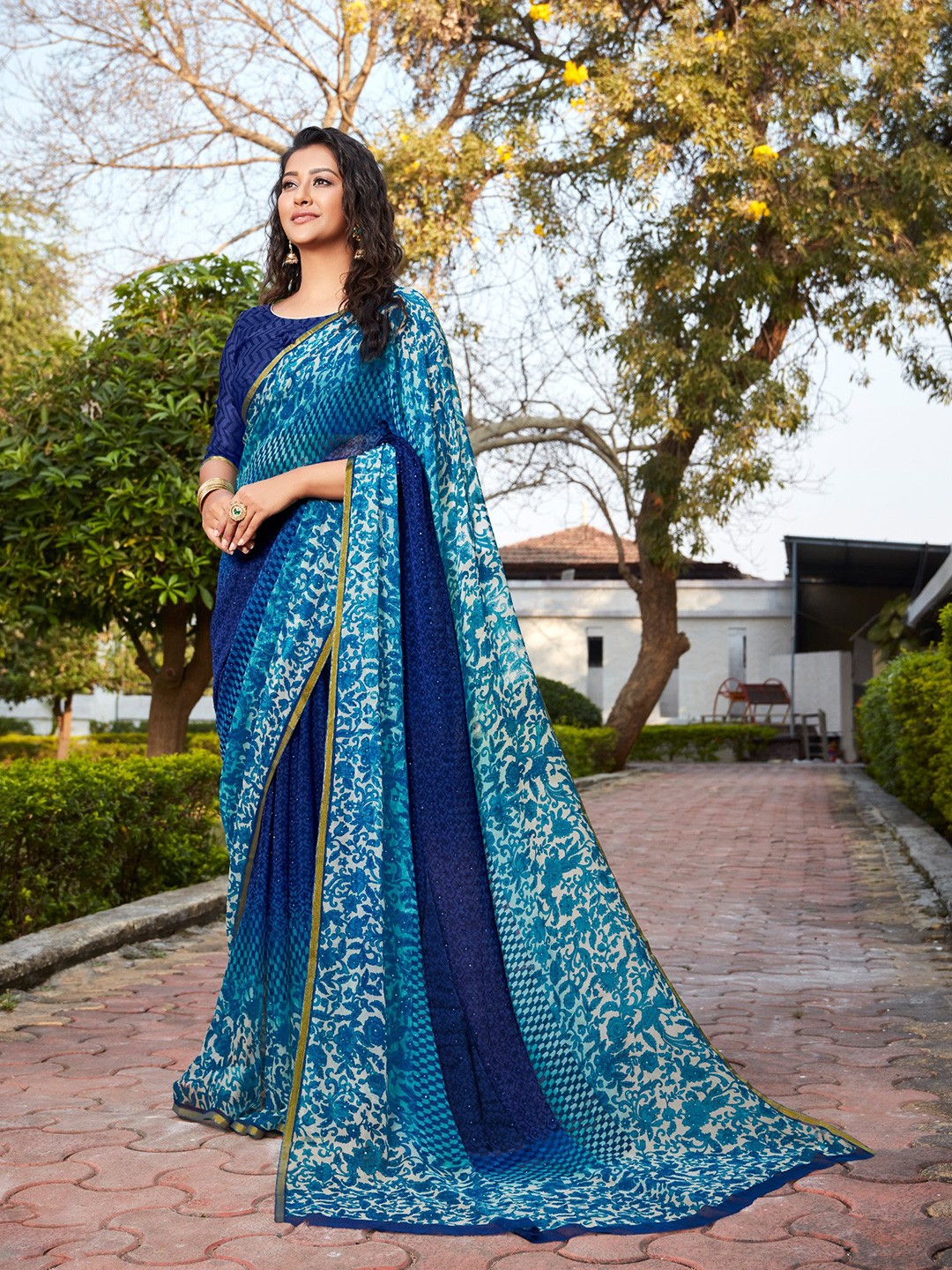 

DIVASTRI Ethnic Motifs Beads and Stones Pure Chiffon Saree, Blue