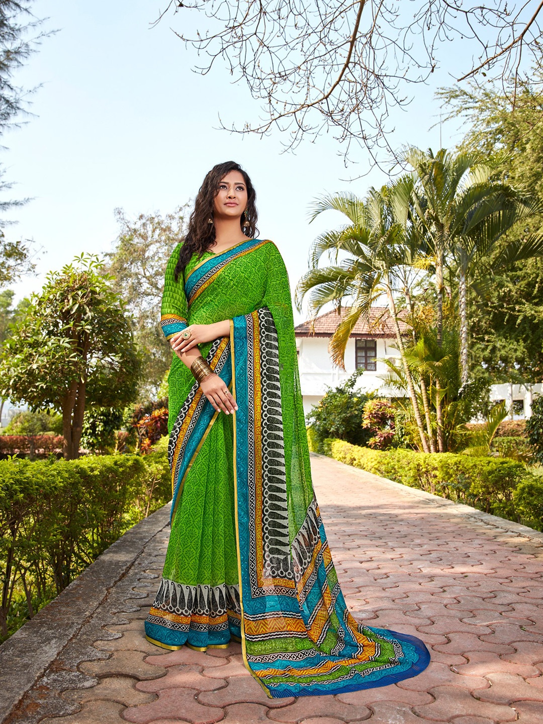 

DIVASTRI Ethnic Motifs Printed Embellished Saree, Green