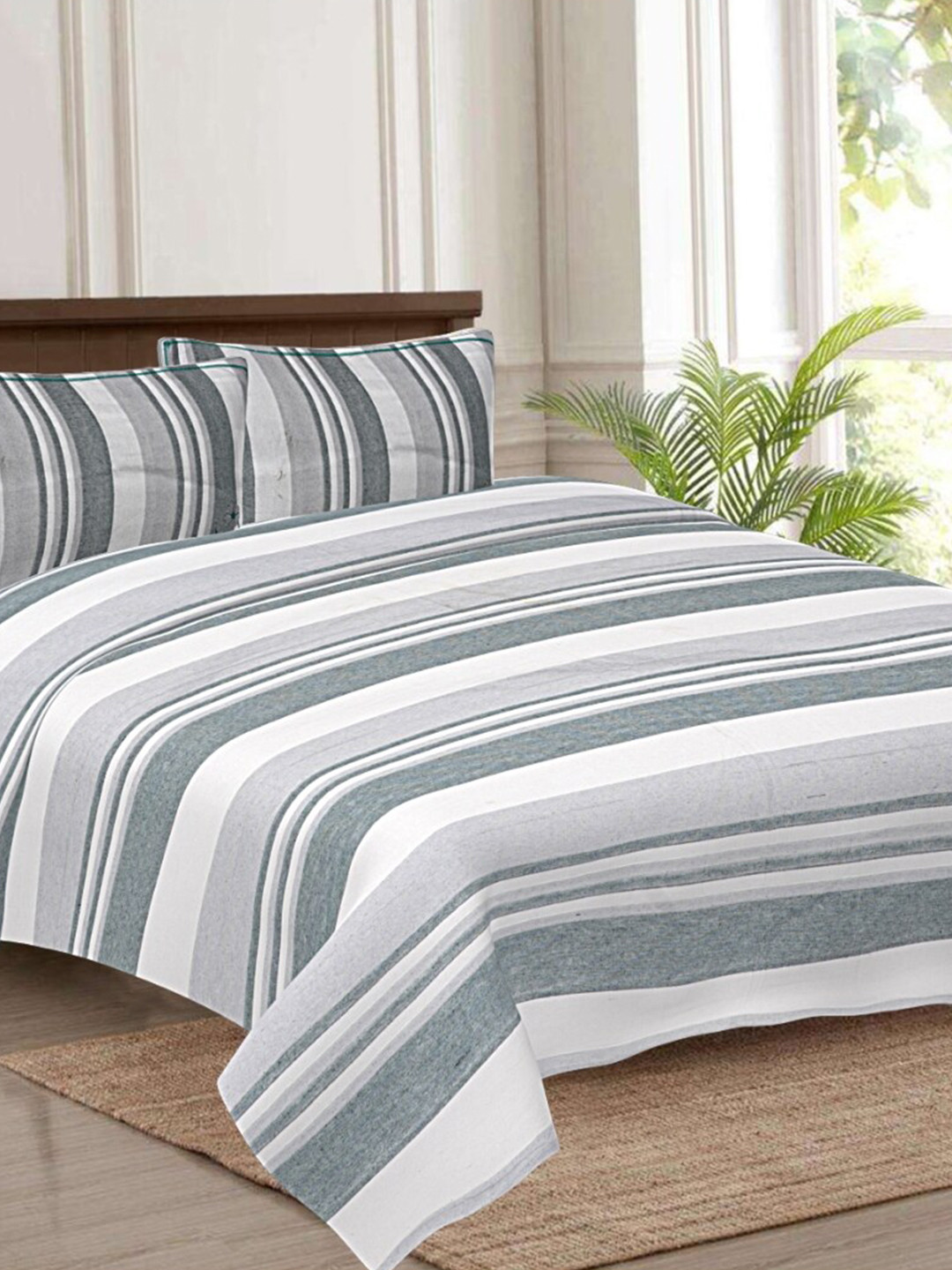 

INDHOME LIFE White & Grey Striped 180 TC Cotton Queen Bedsheet & 2 Pillow Covers