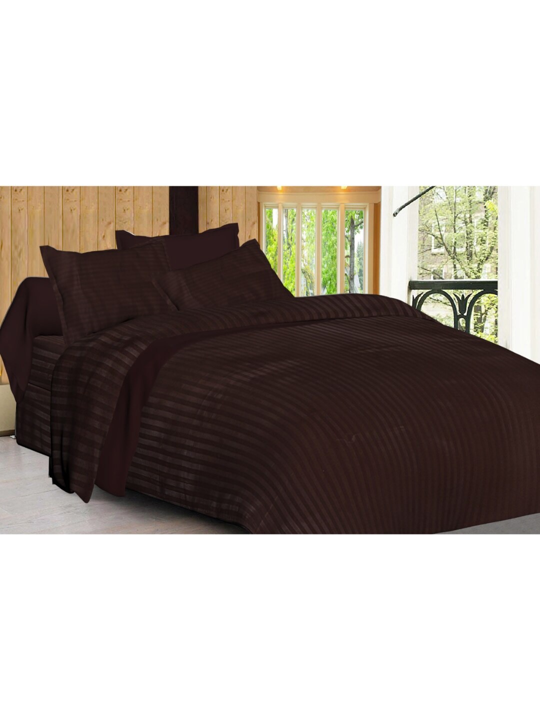 

INDHOME LIFE Coffee Brown Striped 240 TC Cotton Queen Bedsheet & 2 Pillow Covers
