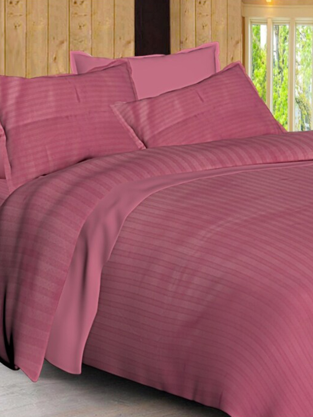 

INDHOME LIFE Peach-Coloured Striped 240 TC Cotton Queen Bedsheet & 2 Pillow Covers