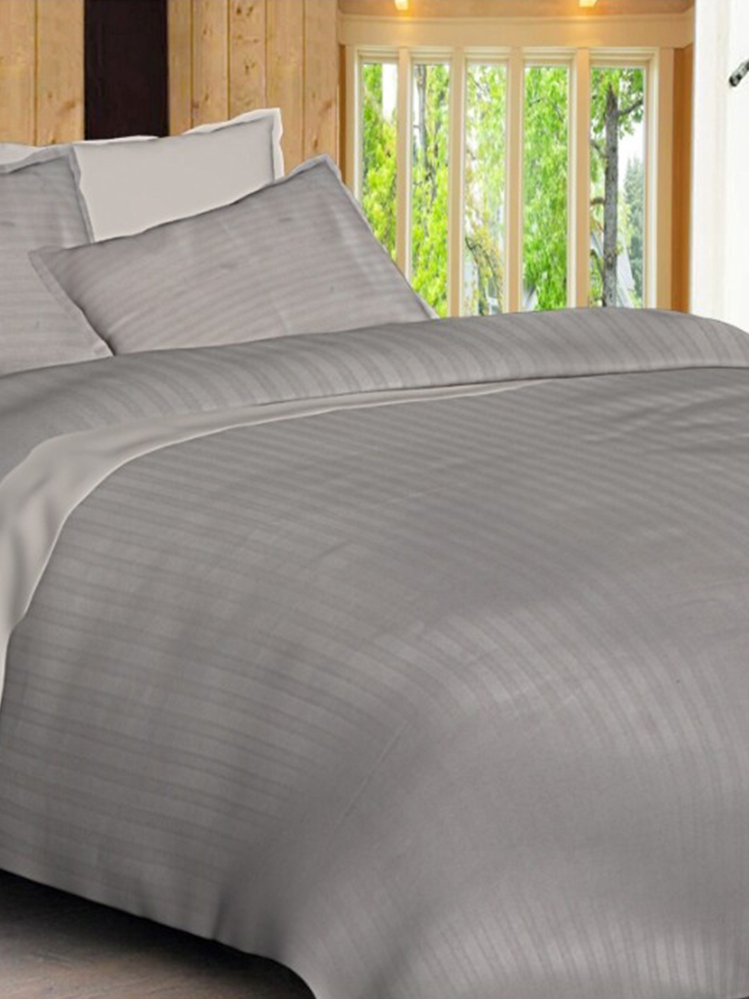 

INDHOME LIFE Grey Striped 240 TC Cotton Queen Bedsheet & 2 Pillow Covers