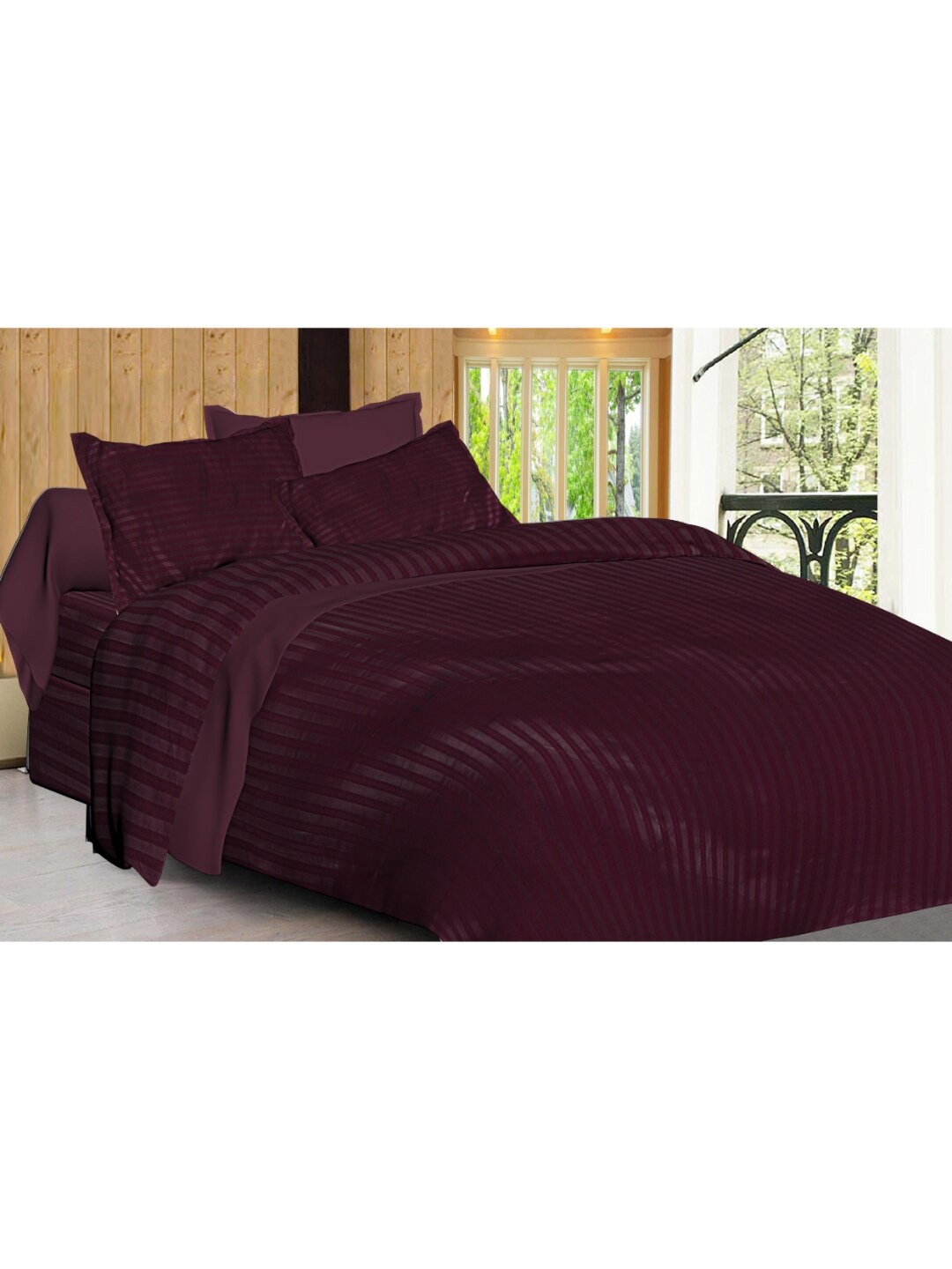 

INDHOME LIFE Maroon Striped 240 TC Cotton Queen Bedsheet & 2 Pillow Covers