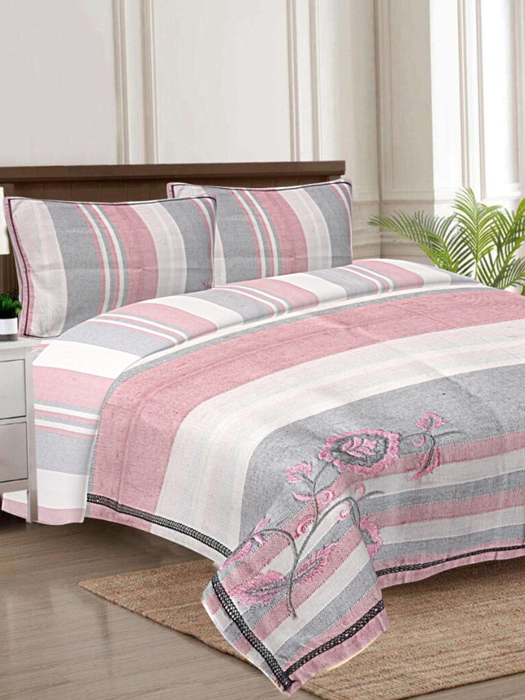 

INDHOME LIFE Pink & Grey Striped 180 TC Cotton Queen Bedsheet & 2 Pillow Covers