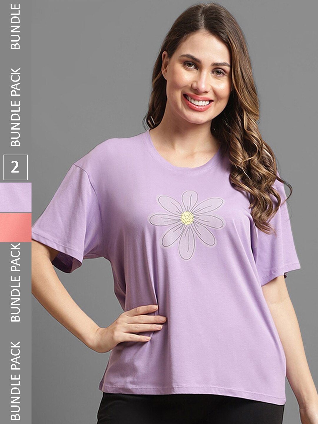 

Kanvin Pack Of 2 Typography Printed Drop-Shoulder Sleeves Relaxed T-Shirt, Lavender