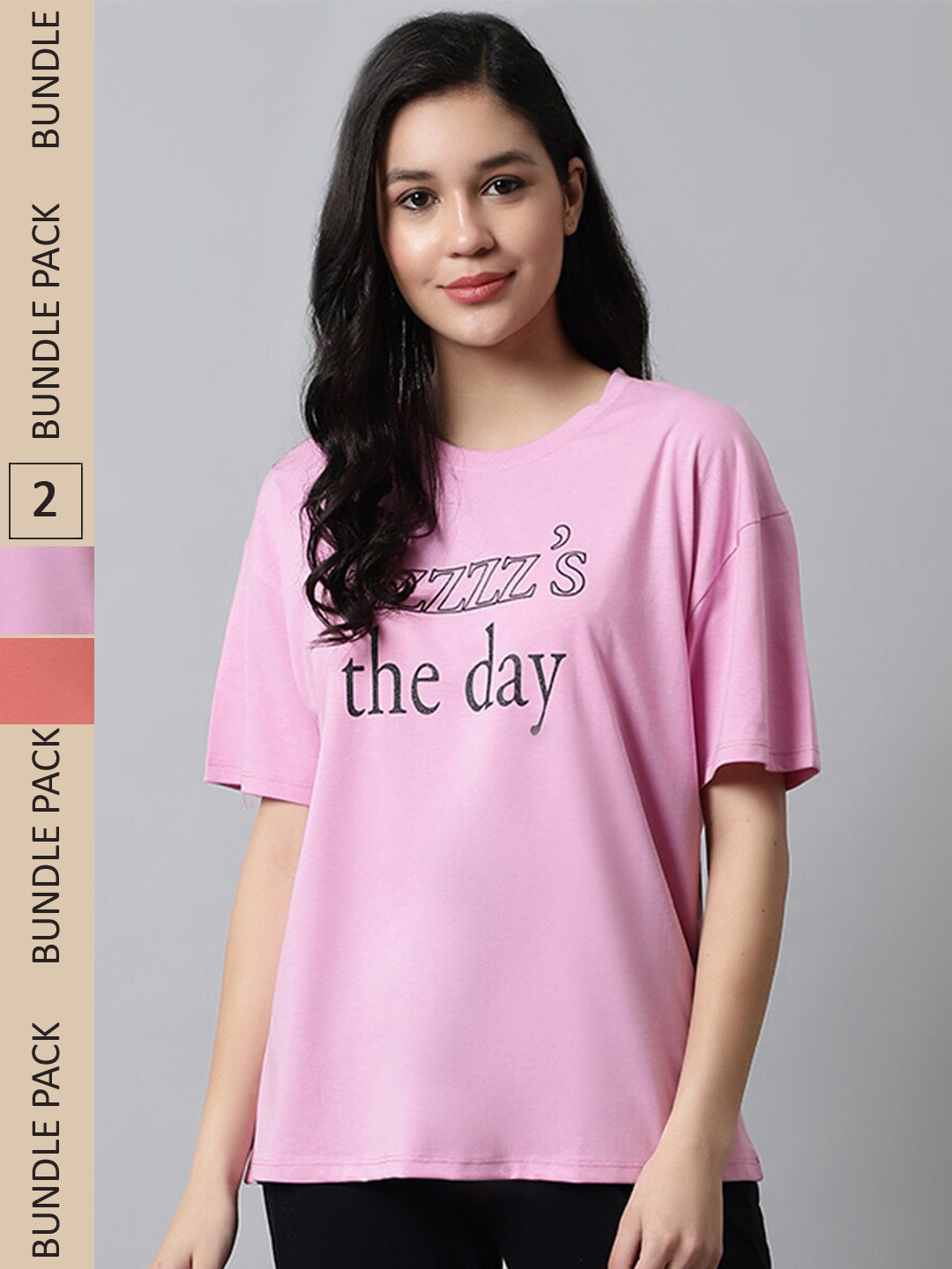 

Kanvin Pack of 2 Coral & Pink Typography Printed Oversized Fit T-shirts