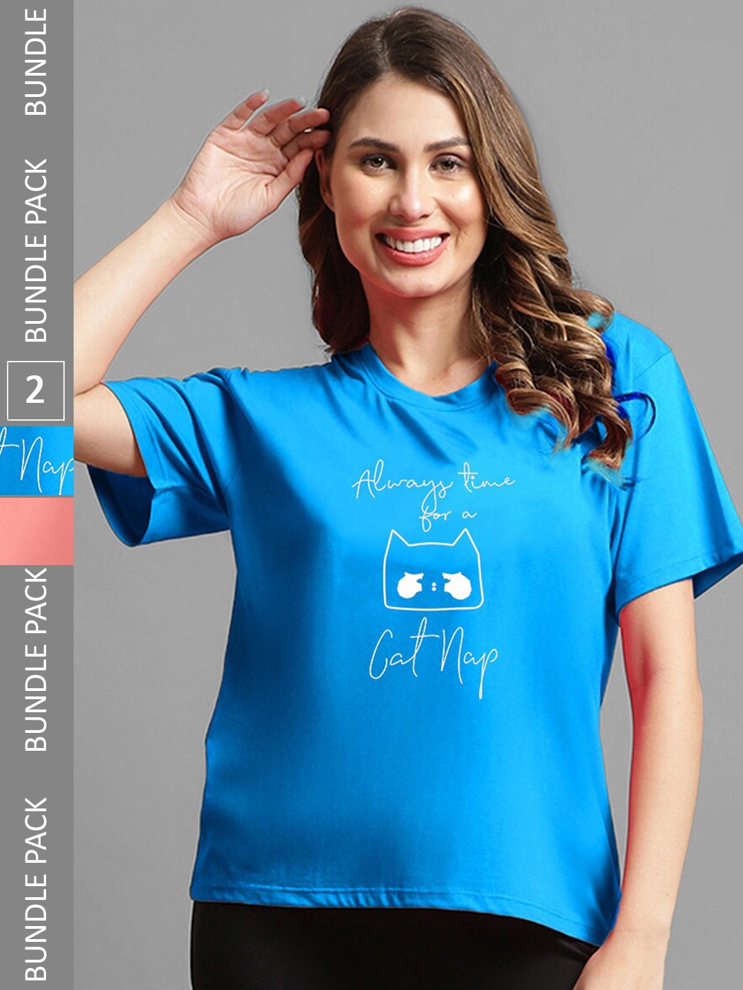 

Kanvin Blue & Coral-Coloured Pack Of 2 Typography Printed Oversized T-shirt