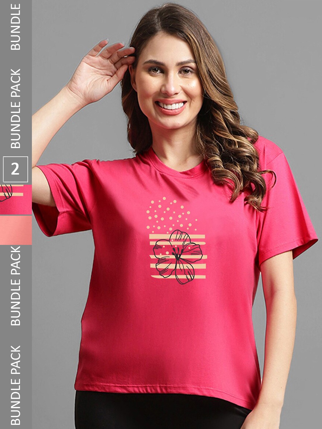 

Kanvin Coral & Red Pack Of 2 Printed Drop Shoulder Sleeves Oversized T-shirts