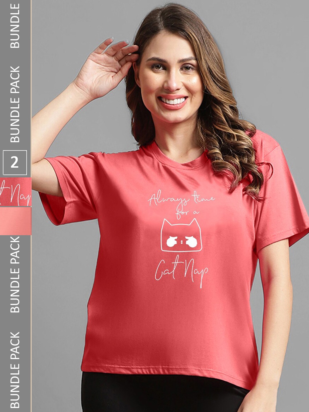 

Kanvin Women Coral Pack Of 2 Typography Printed Oversized T-shirt