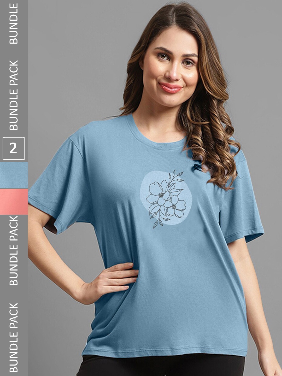 

Kanvin Blue & Coral-Coloured Pack Of 2 Floral Printed Oversized T-shirt